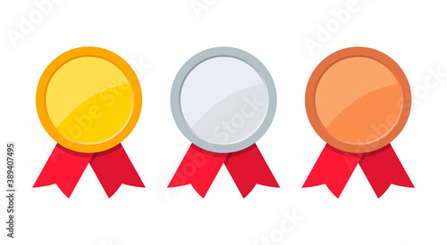 Medals set. Gold, silver and bronze medal with red ribbon. Champion award. Vector