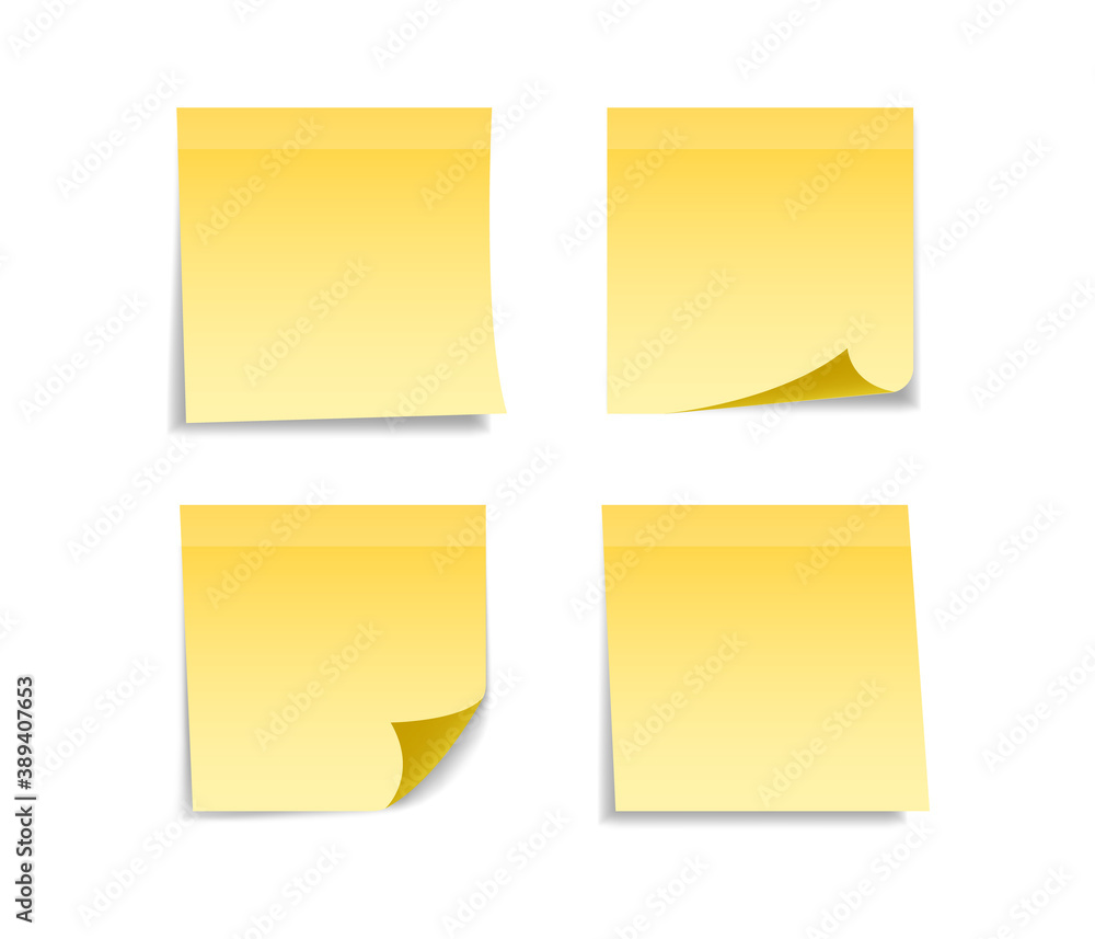 Set of yellow stickers. Sticky notes. Realistic sheets for note papers. Front view. For your message.Графика и иллюстрации