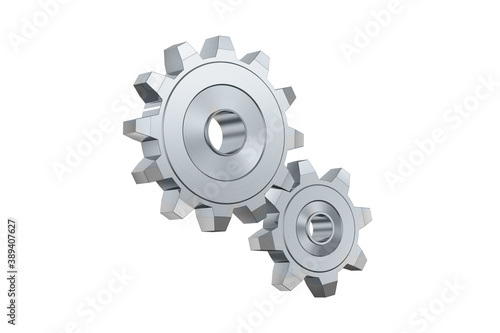 Two metal shiny gears on an isolated white background. 3d rendering illustration.