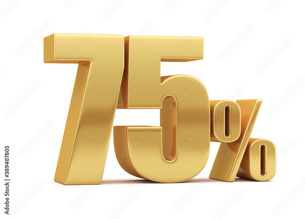 75% off on sale. Gold percent isolated on white background. 3d rendering. Illustration for advertising. 75% off on sale. Gold percent isolated on white background. 3d rendering. Illustration for advertising.