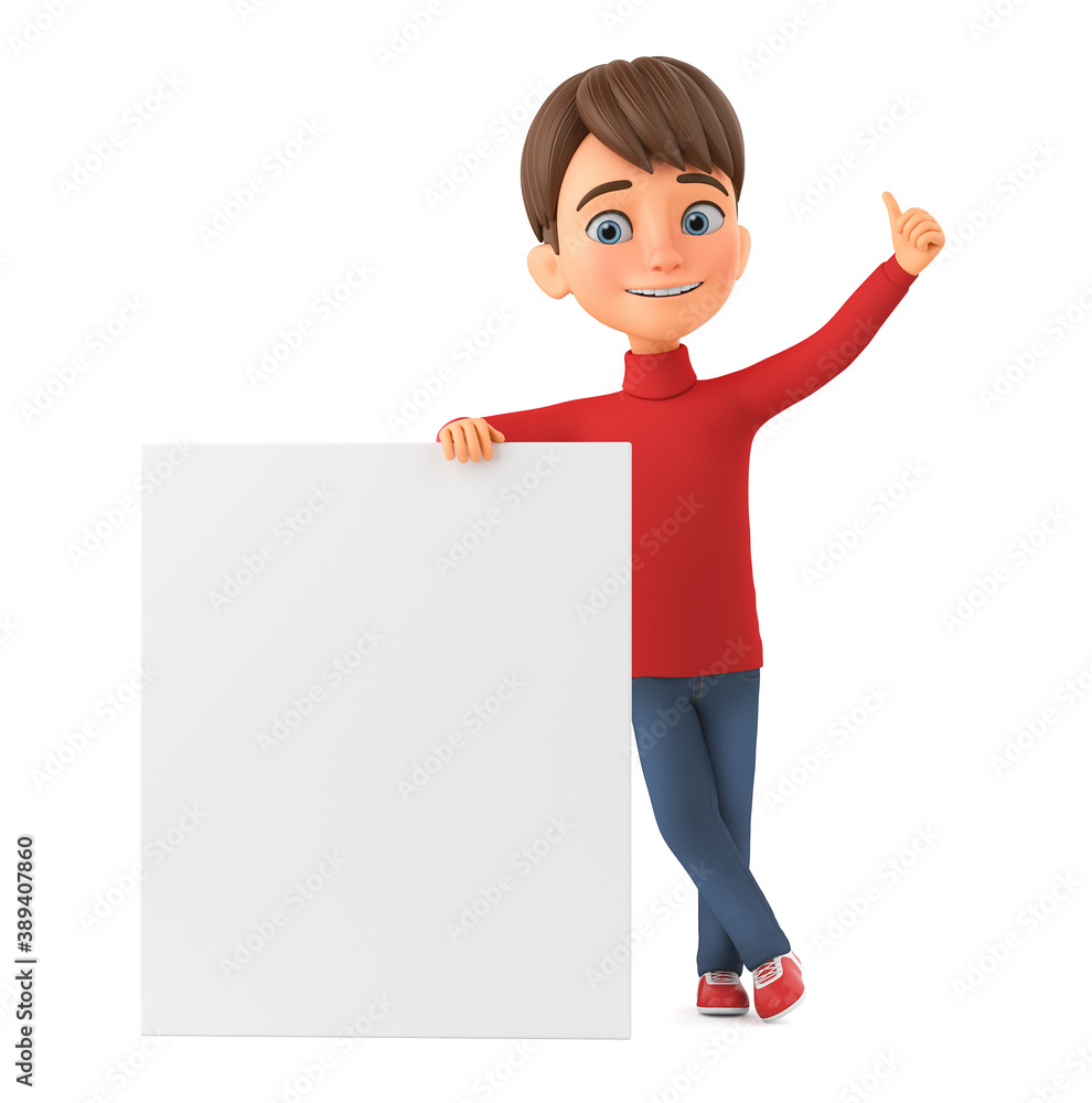 Cartoon character boy in winter clothes shows okay leaning against blank board on isolated white background. 3d render illustration. Cartoon character boy in winter clothes shows okay leaning against blank board on isolated white background. 3d render illustration.