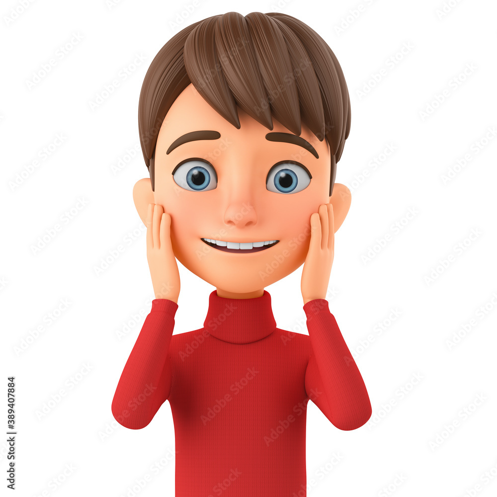 Cartoon character boy in winter clothes is happy surprise on an isolated white background. 3d render illustration. Cartoon character boy in winter clothes is happy surprise on an isolated white background. 3d render illustration.