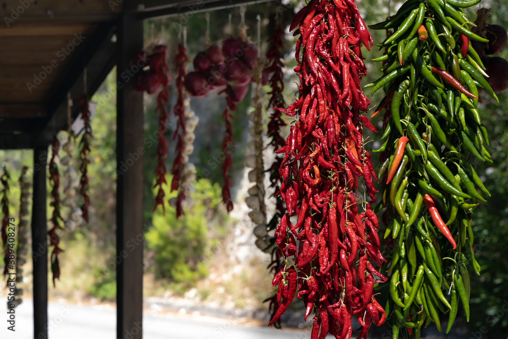 Naklejka premium different kinds of hanging chili peppers, Apulia, Italy