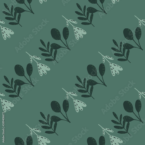 Simple branches and leaves forest silouettes seamless pattern. Vintage simple floral folk print in pastel green tones.