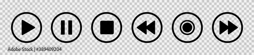 Media player control icon set. Play and pause buttons. Interface multimedia symbols and audio, audio video media player buttons isolated on transparent background – stock vector