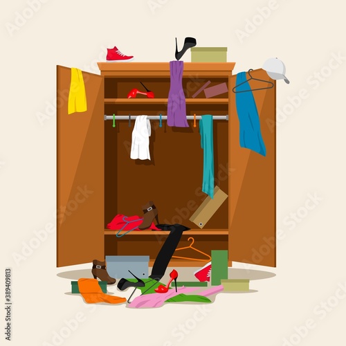 Open wardrobe with mess clothes. Closet with untidy clothes, dresses, shirts, boxes and shoes. Natural wooden Furniture. Vector illustration