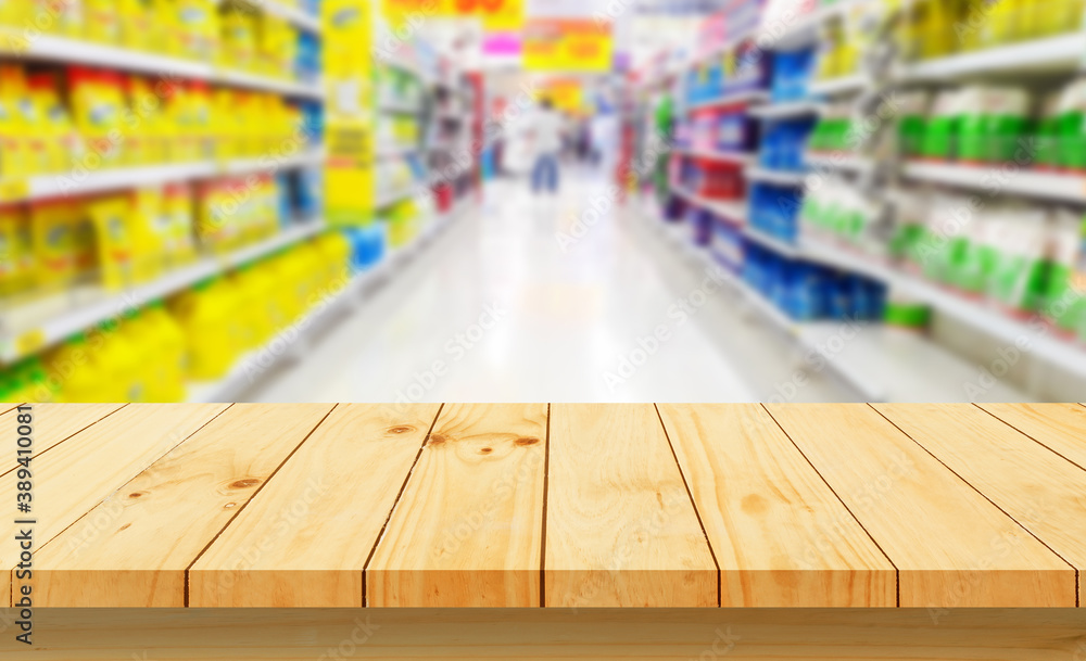 Wood floor and Supermarket blur background, Product display, template, Wood floor and Supermarket blur background, Product display, template,