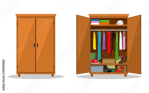 Open and close wardrobe with clothes. Closet with clothes, dresses, shirts, boxes and shoes. Natural wooden Furniture. Vector illustration