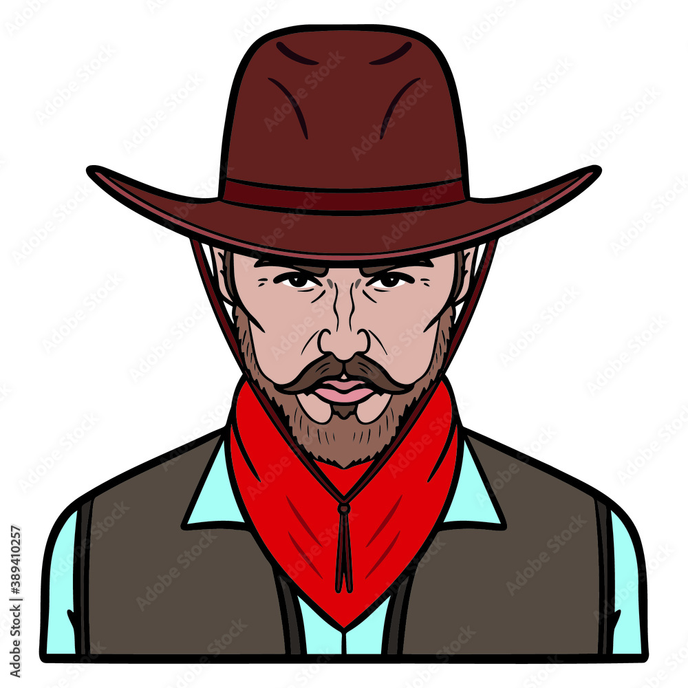 cowboy avatar with vest, scarf and cowboy hat. upper body, comic.