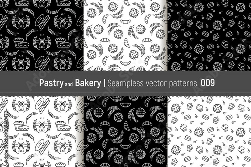 Vector set of design templates for packaging bakery and confectionery products in a fashionable linear style. Seamless patterns with linear icons: waffles, cupcakes, cakes. Backgrounds with spikelets.