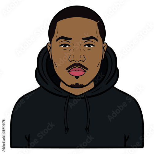african american with black hoodie. comic, avatar, beard, cool.
