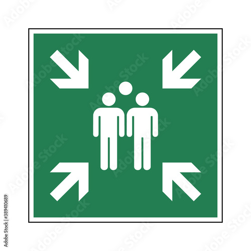 Evacuation assembly point sign. Vector illustration of green square sign with human figures and head of third figure in group icon inside. Location of safe assembly point following evacuation symbol.