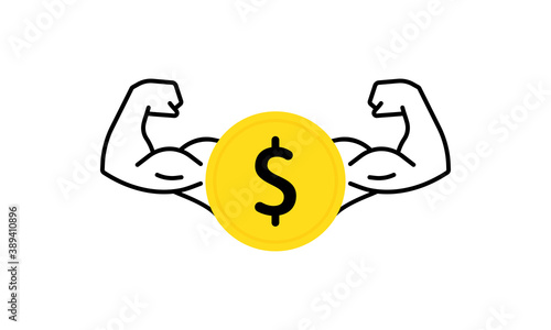 Dollar coin icon with flexing, strong muscles. Vector flat cartoon illustration for web sites and banners design