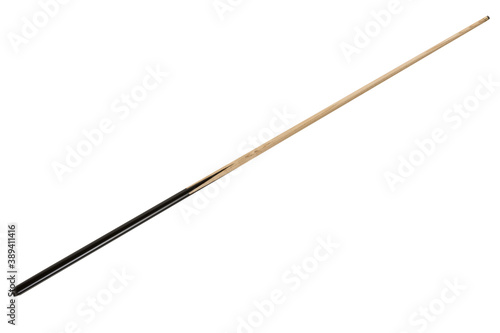 Wooden billiard cue with black handle, white background