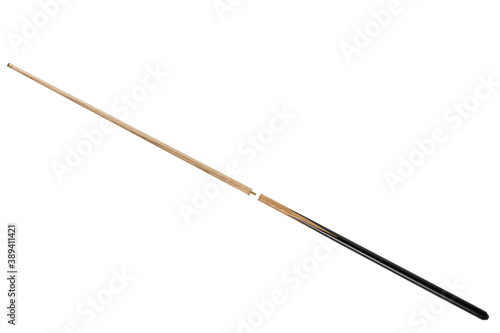 Collapsible billiard cue with black handle, on a white background
