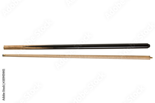 Tableau sur toile two parts of a wooden collapsible cue lie side by side, on a white background