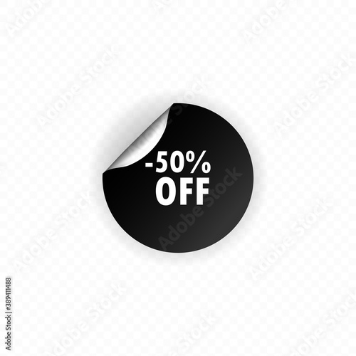 Up to 50 percent discount off banner. Circle sticker. Sale sticker shape. Coupon label icon. Round sticker mockup. Sale 50 percent badge shape. Sale up to 50 percent. 50 percent off label.