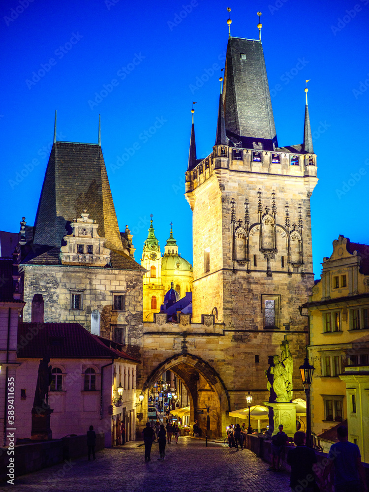 Fototapeta premium Charles Bridge towers on the Lesser Town side in Prague after the sunset