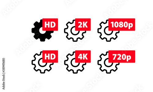 Video quality symbol HD, Full HD, 2K, 4K, 720p, 1080p icon set. High definition display resolution icon standard. Gears with quality sign. Vector flat cartoon illustration for web sites.