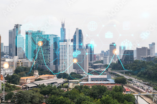 Photography Research and development hologram over panorama city view of Kuala Lumpur