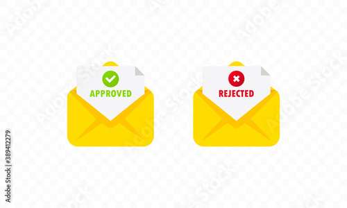 Two envelope with approved and rejected letters. Opened envelope and document with green tick and red cross checkmarks icon. Confirmation or rejection email. Vector flat cartoon illustration