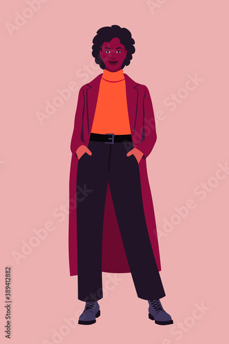Portrait of a full-length African woman wearing a coat. Vector flat illustration