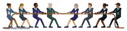 A tug of war rope pulling business people concept with teams struggling against each other