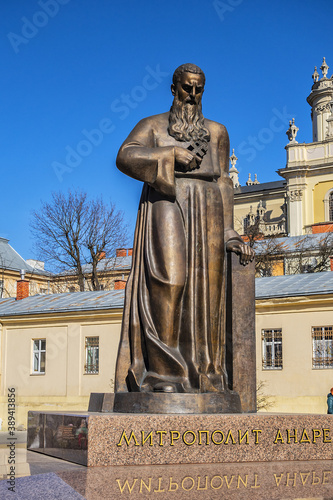 Lviv monument to Metropolitan Andrey Sheptytsky {Inscription: Metropolitan Andrey} in front of St. George’s Cathedral (Sobor sviatoho Yura). Lviv, Ukraine. photo