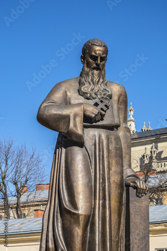Lviv monument to Metropolitan Andrey Sheptytsky {Inscription: Metropolitan Andrey} in front of St. George’s Cathedral (Sobor sviatoho Yura). Lviv, Ukraine.