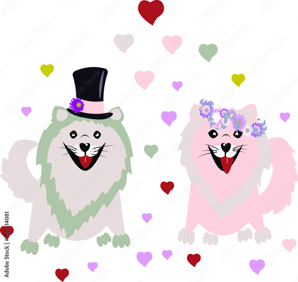 Card with a bride and groom. Cute dogs witch valentine day. Love vector illustration. Card with a bride and groom. Cute dogs witch valentine day. Love vector illustration.