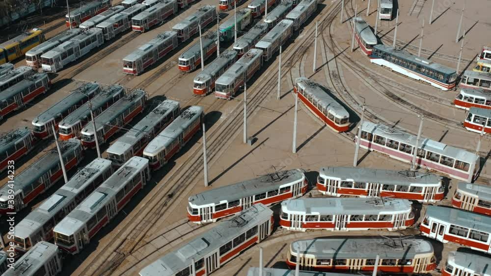 Trams in the depot parked, view from above. Trams in the depot parked, view from above.