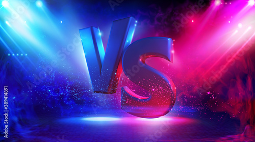 Illuminated stage with versus logo, vs letters for sports and fight competition. Battle vs match, game concept competitive. Resistance symbol. Neon color geometric circle on pattern background. Round
