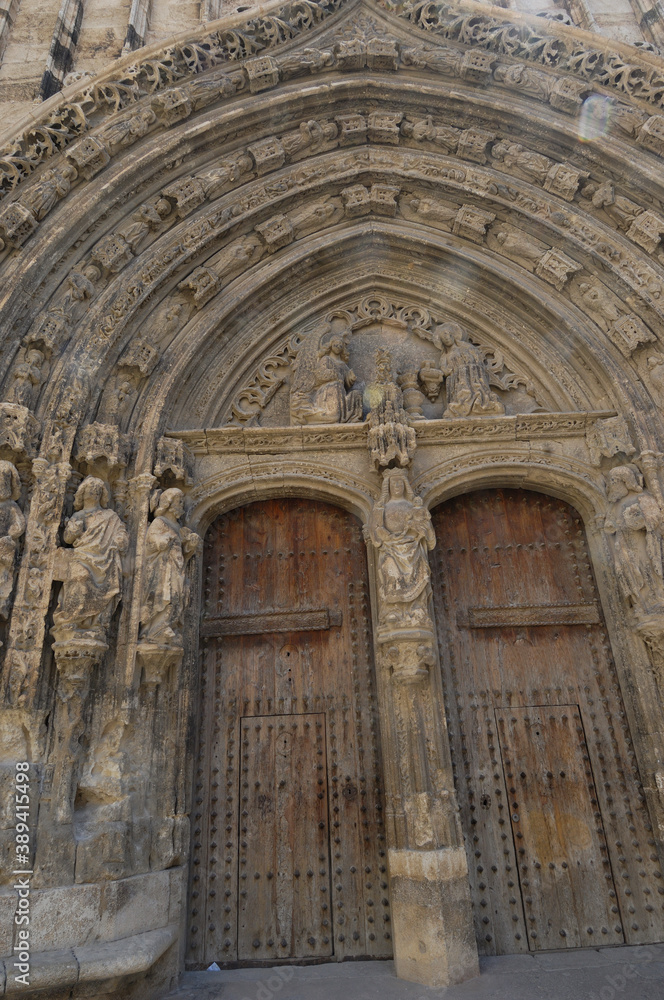 entrance of the gothic and baroque church of Santa Maria in Requena, Valencia province, Spain