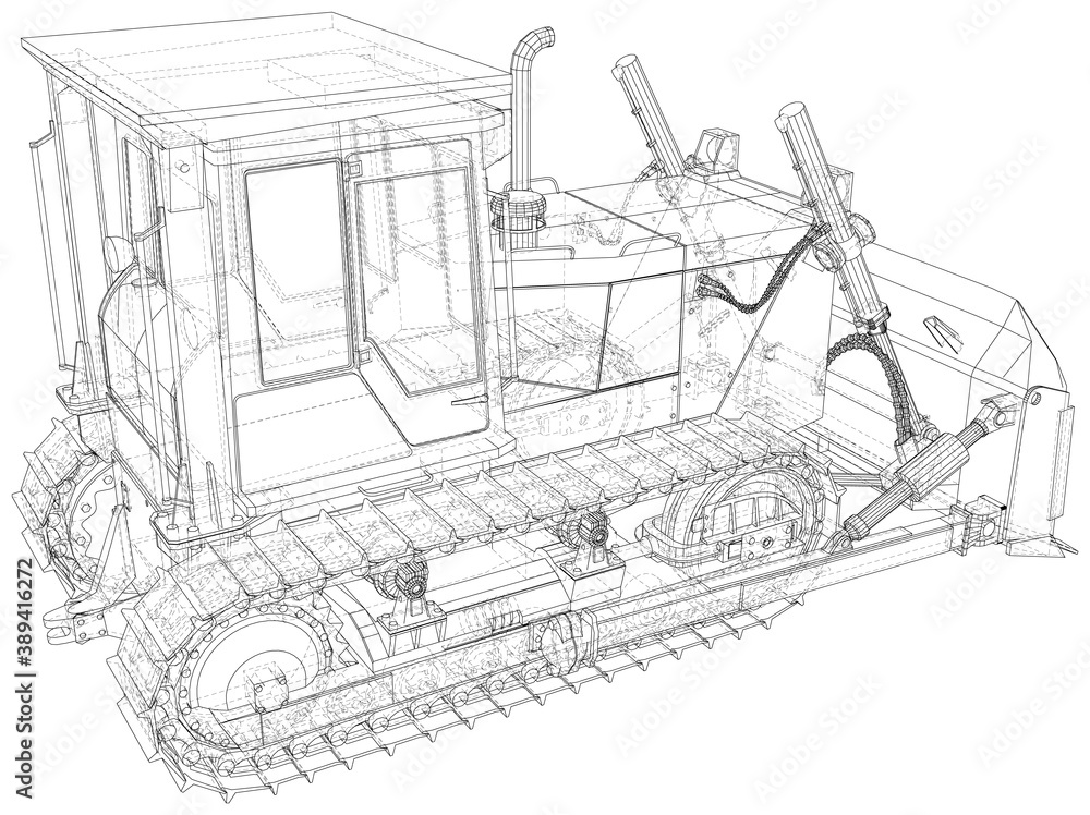 Bulldozer. Wire-frame outline style. Vector rendering of 3d.