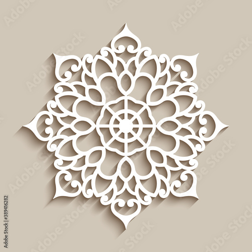 Lace doily, decorative snowflake, circle mandala ornament, cutout paper round pattern, laser cutting template