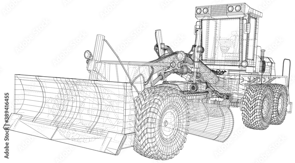 Motor grader. Vector Wire-frame excavator on background. Vector rendering of 3d.