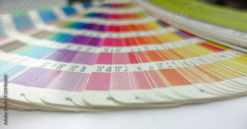 Color guide palette. Choosing colors from catalog samples for printing proofing.  Concept of color management in the print production process.