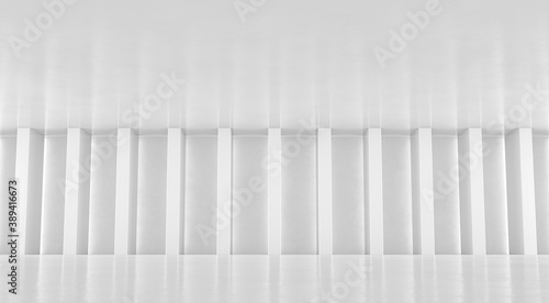 Abstract white floor and wall background with columns. Modern showroom design. Futuristic interior view. 3d Rendering.