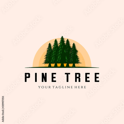 Pine Tree Landscape Logo Vintage Vector Template Illustration Design, Forest Vintage Logo Design
