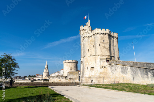 view of the old towers and fort and city walls at La Rochelle harbor