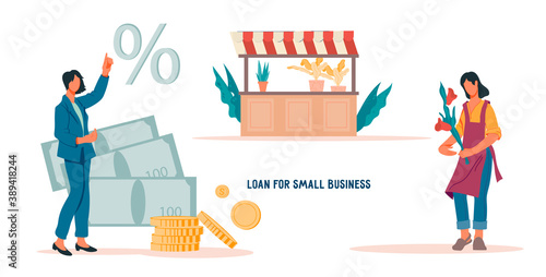 Small business loan and entrepreneurship support web banner concept with characters. Bank services and credit, accounting services for small or local business landing page, flat vector illustration.