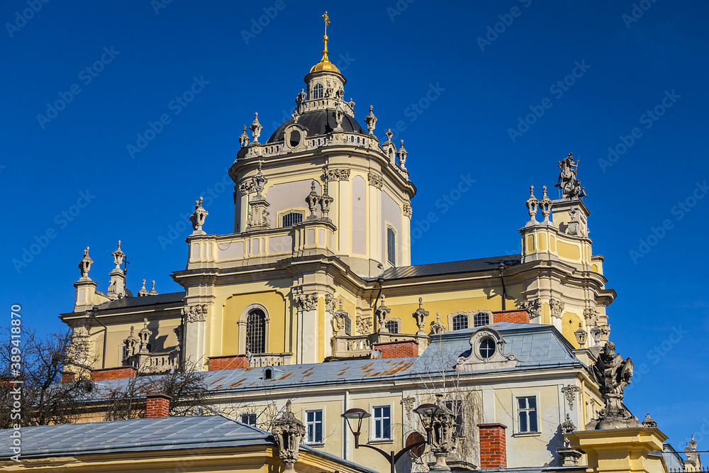 View of Lviv Greek Catholic Archbishop's Cathedral of Saint George (Ukr: Sobor sviatoho Yura, 1760) - magnificent Rococo architectural ensemble dating back to the XVIII century. Lviv, Ukraine.