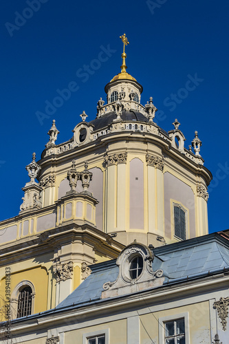 View of Lviv Greek Catholic Archbishop's Cathedral of Saint George (Ukr: Sobor sviatoho Yura, 1760) - magnificent Rococo architectural ensemble dating back to the XVIII century. Lviv, Ukraine. photo