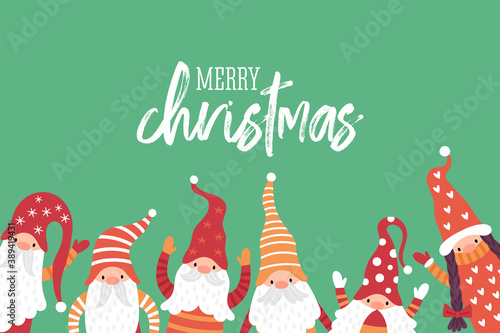 Christmas holiday banner design with cute scandinavian gnome characters. Childish print for cards, poster and party invitation. Vector Illustration