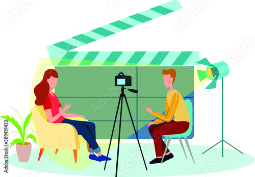 Flat design illustration with people vlogger, recording new video.