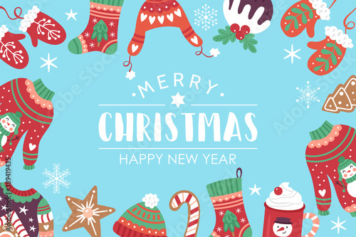 Christmas holiday banner design with cute sweater, cookies and hot chocolate cup. Childish print for cards, poster and party invitations. Vector illustration