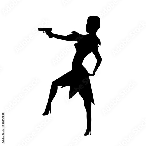 Firing girl abstract silhouette, female isolated silhouette. Beautiful woman spy in shootout. Heroine sit and aims, film action cartoon style. Vector illustration.