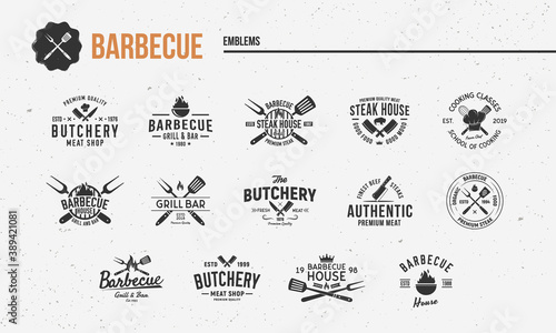 Barbecue, Steak House vintage logo set. Set of 14 barbecue restaurant logo templates. Trendy BBQ grill emblems, labels, posters. Vintage graphics for restaurant, bbq, steak house, meat shop.
