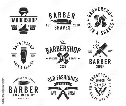 Set of Vintage hipster barbershop logo. Retro typography, Vintage prints for t-shirt, sticker, wall and poster design. Vector illustration