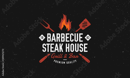 Barbecue, Steak House restaurant logo, poster. BBQ grill logo with fire flame, spatula and grill fork. Vector emblem template.